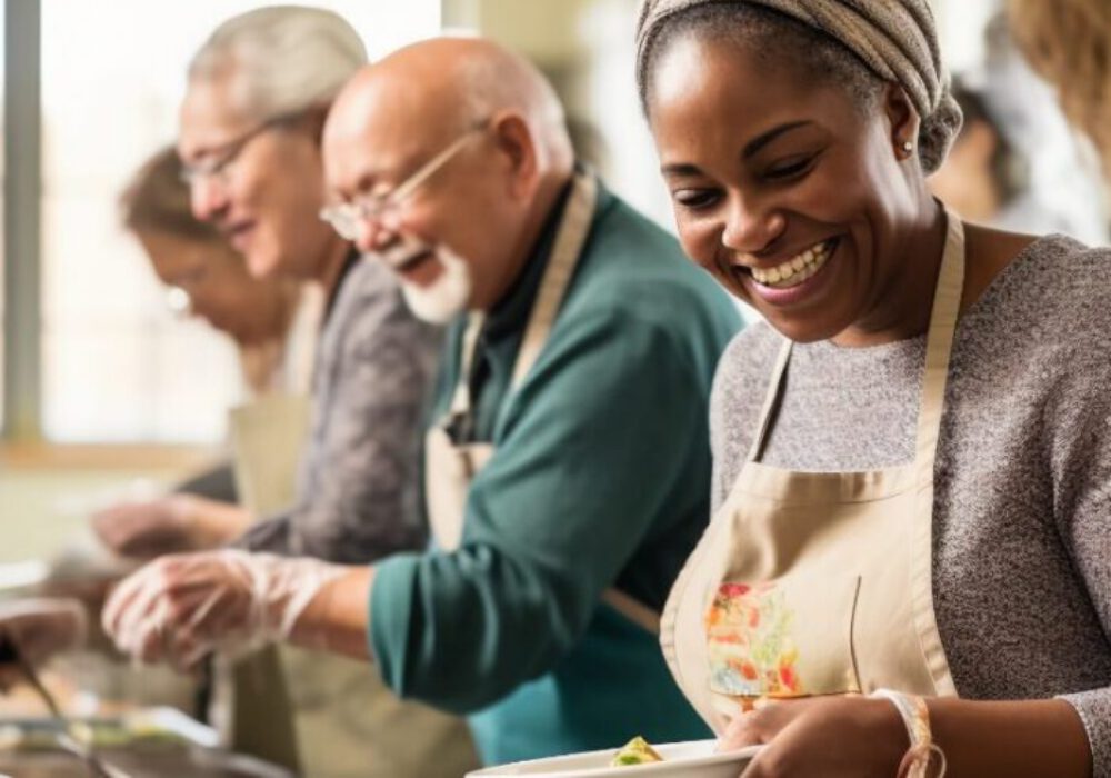 Volunteers serving food