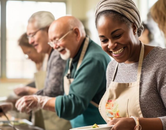 Volunteers serving food